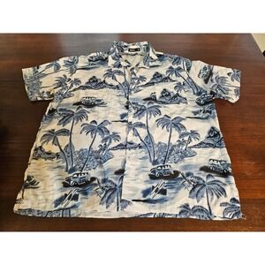 HanTon Button Down Shirt Mens XL Blue White Tropical Palm Tree Vintage Car Print